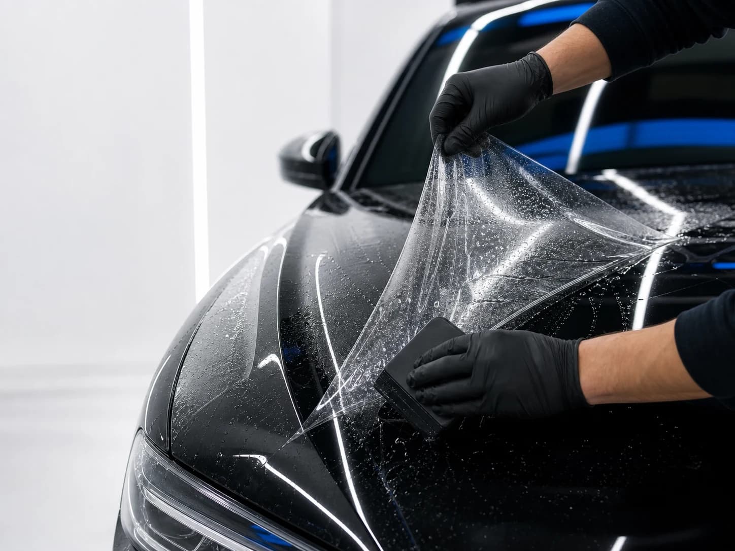 Transparent paint protection film being applied to a vehicle hood