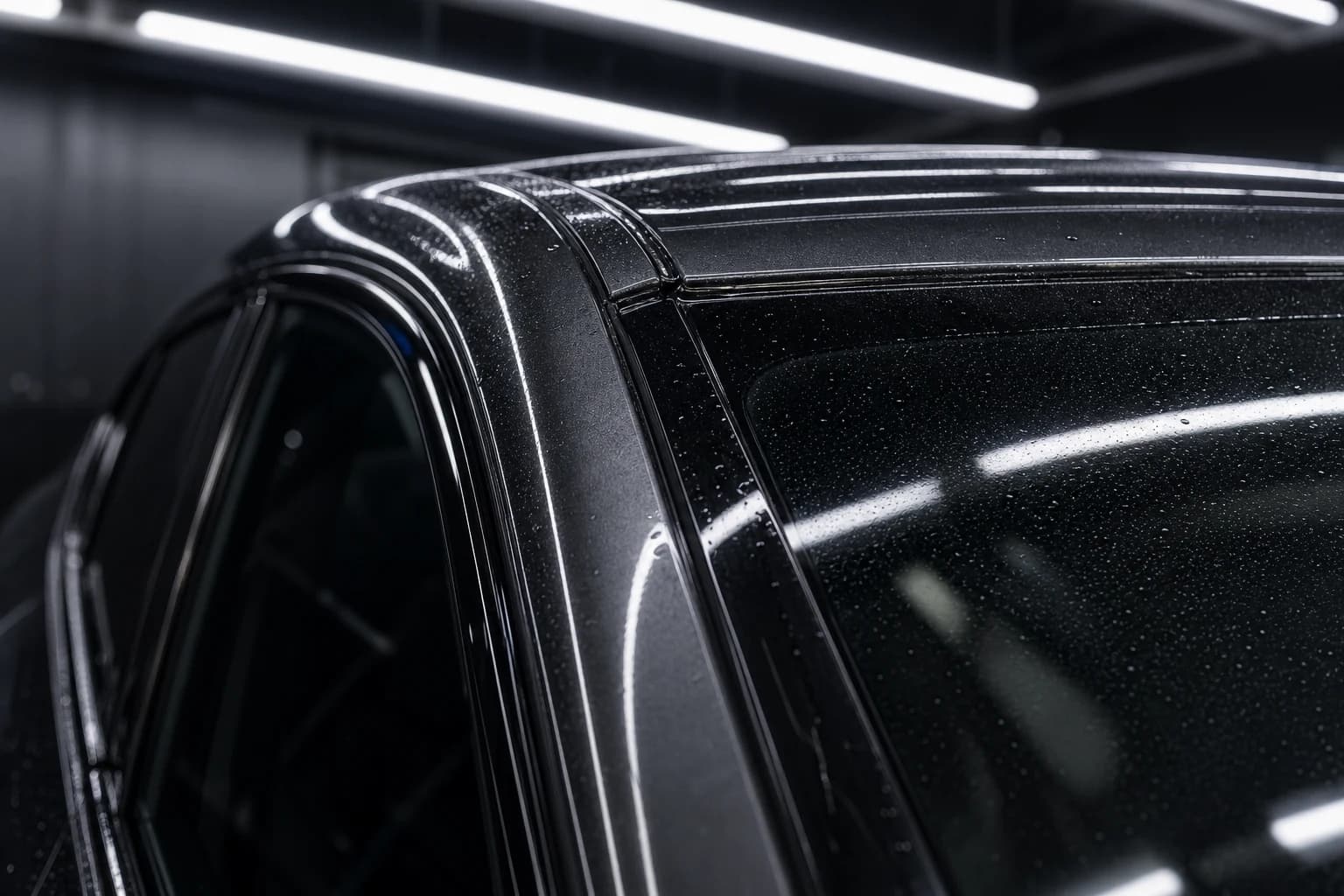 Paint protection film detail on a graphite vehicle roof